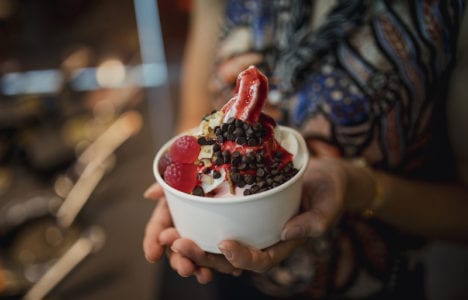 Person holding bowl of frozen yogurt with toppings